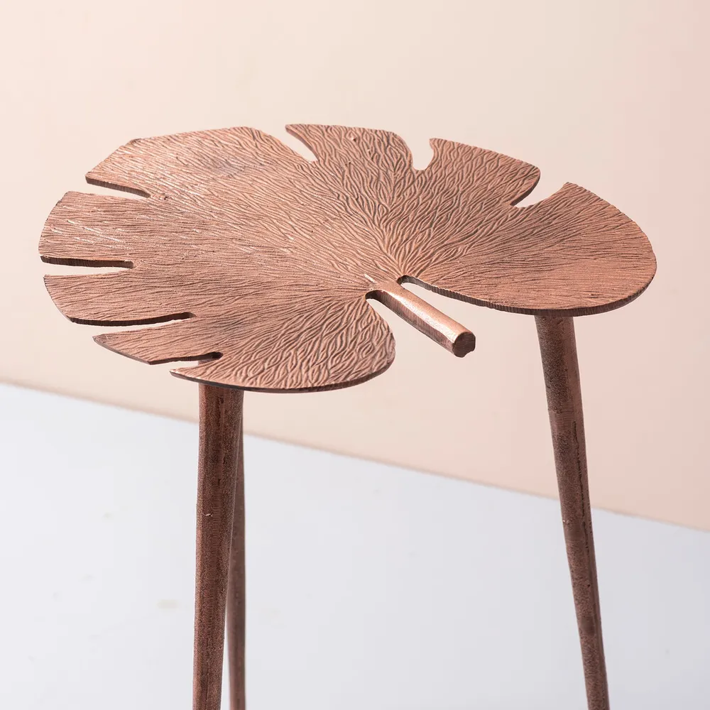 Sleek Leafy Lustrous Copper Colored Aluminum Side Table