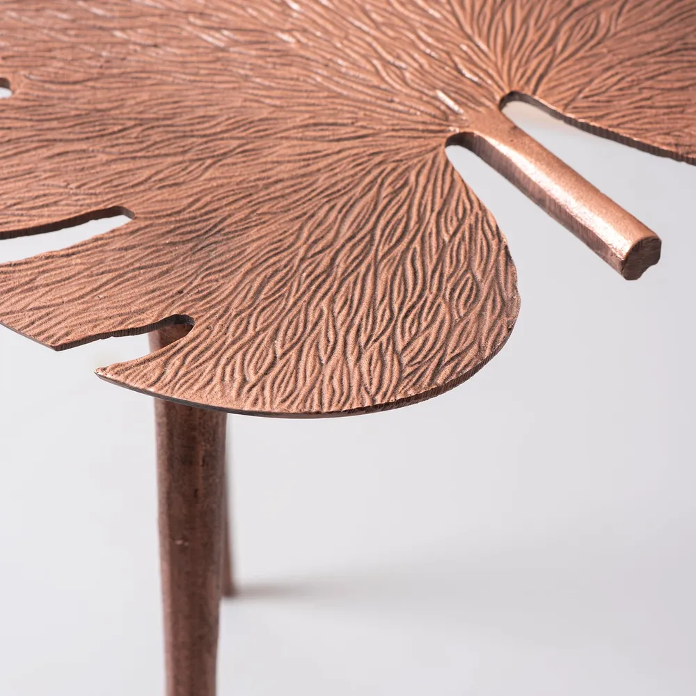 Sleek Leafy Lustrous Copper Colored Aluminum Side Table