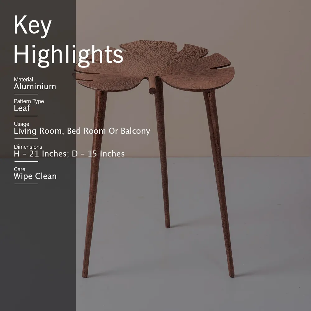 Sleek Leafy Lustrous Copper Colored Aluminum Side Table