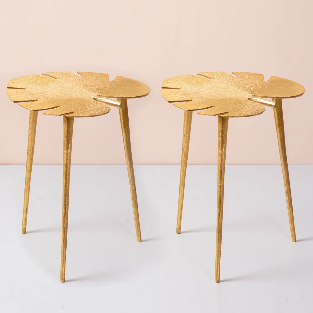 Sleek Leafy Lustrous Gold Colored Aluminum Side Table