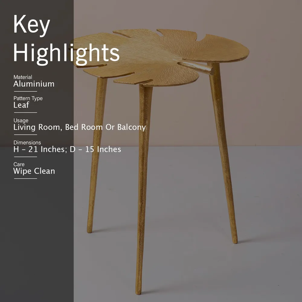 Sleek Leafy Lustrous Gold Colored Aluminum Side Table