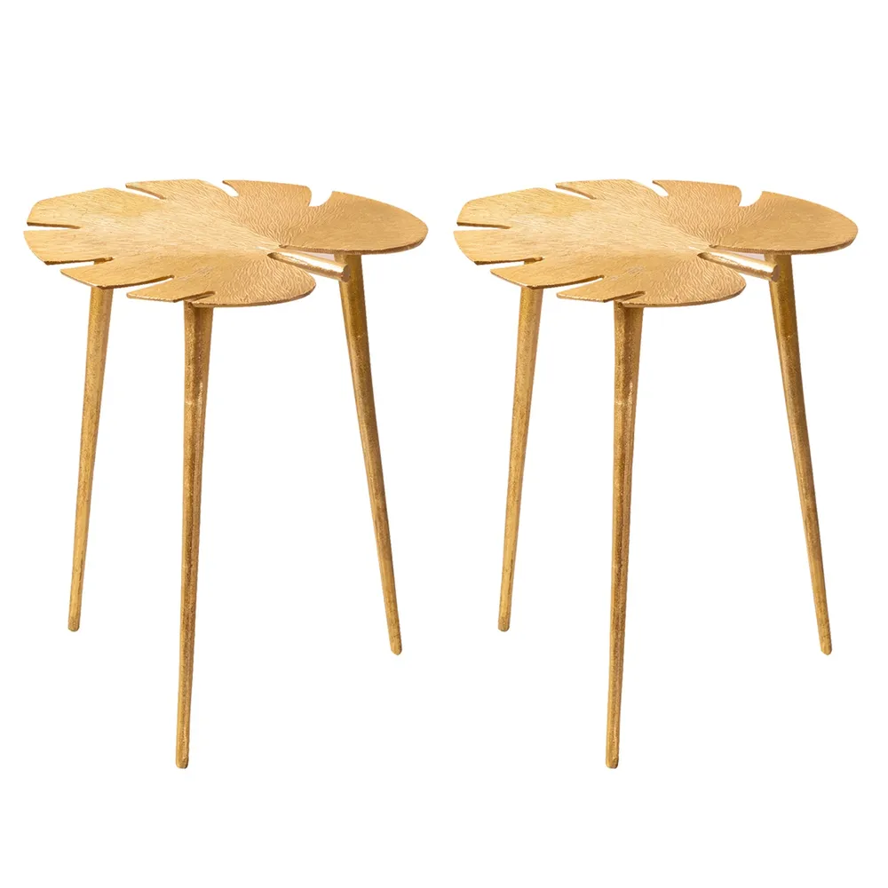 Sleek Leafy Lustrous Gold Colored Aluminum Side Table