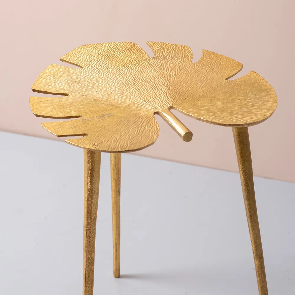 Sleek Leafy Lustrous Gold Colored Aluminum Side Table