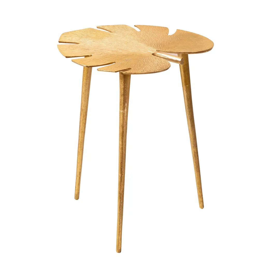 Sleek Leafy Lustrous Gold Colored Aluminum Side Table
