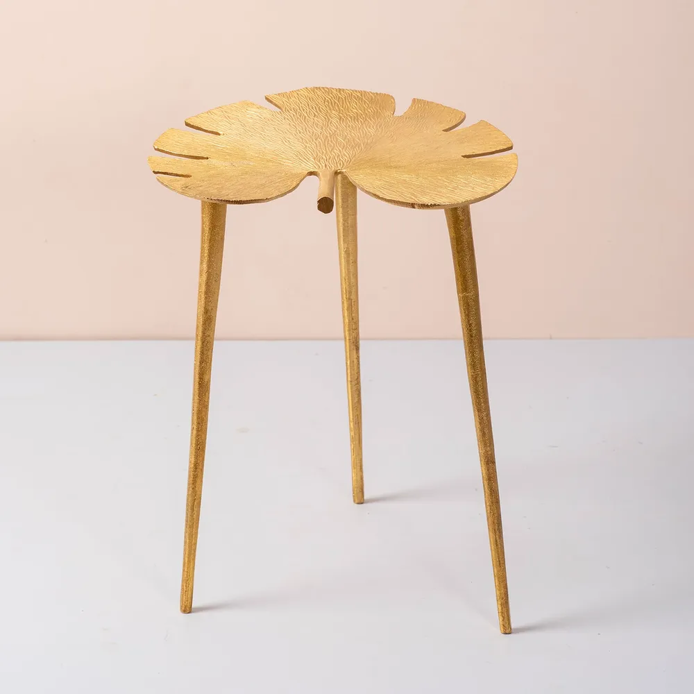 Sleek Leafy Lustrous Gold Colored Aluminum Side Table