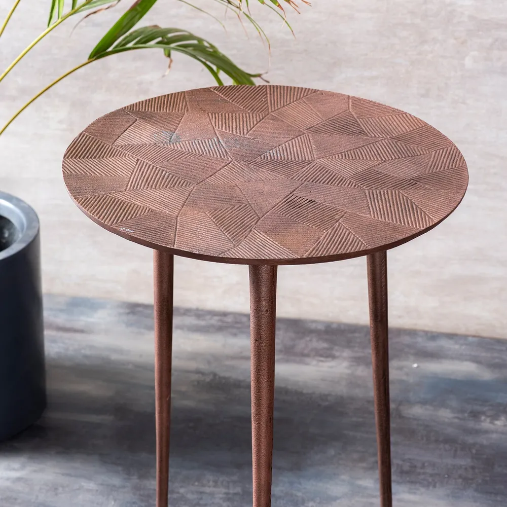 Sleek Textured Lustrous Copper Colored Aluminum Side Table