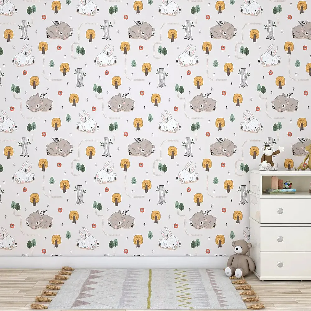 Sleeping Bunny Bear Kids Self Adhesive Wallpaper