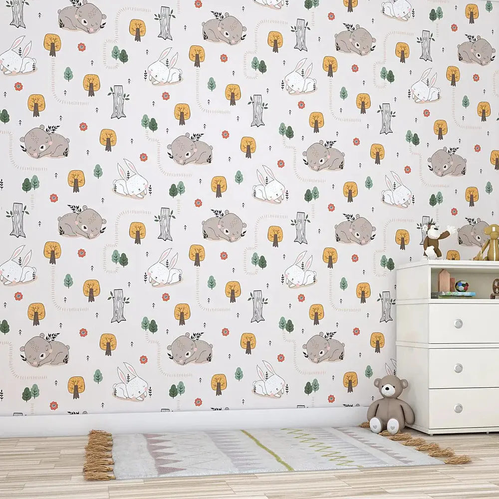 Sleeping Bunny Bear Kids Self Adhesive Wallpaper