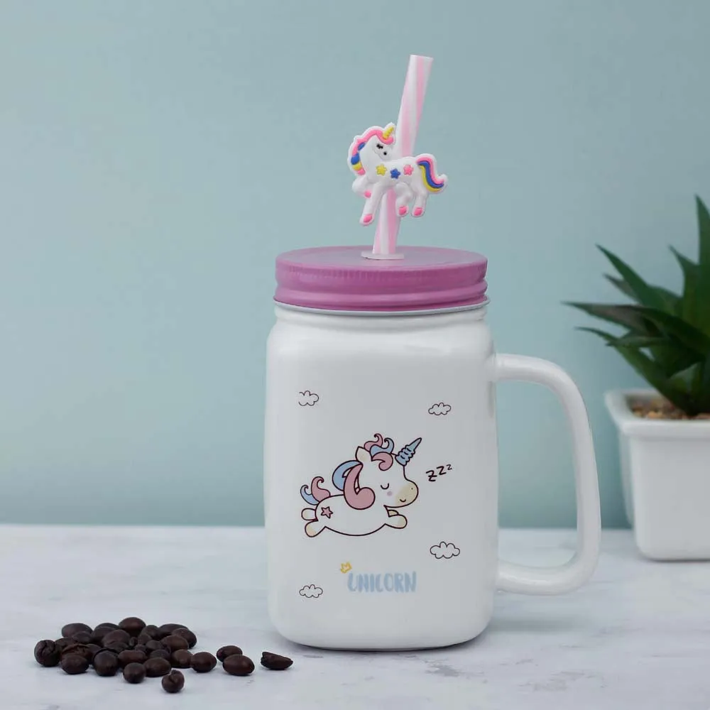 Sleepy Unicorn Printed Ceramic Mason Jar