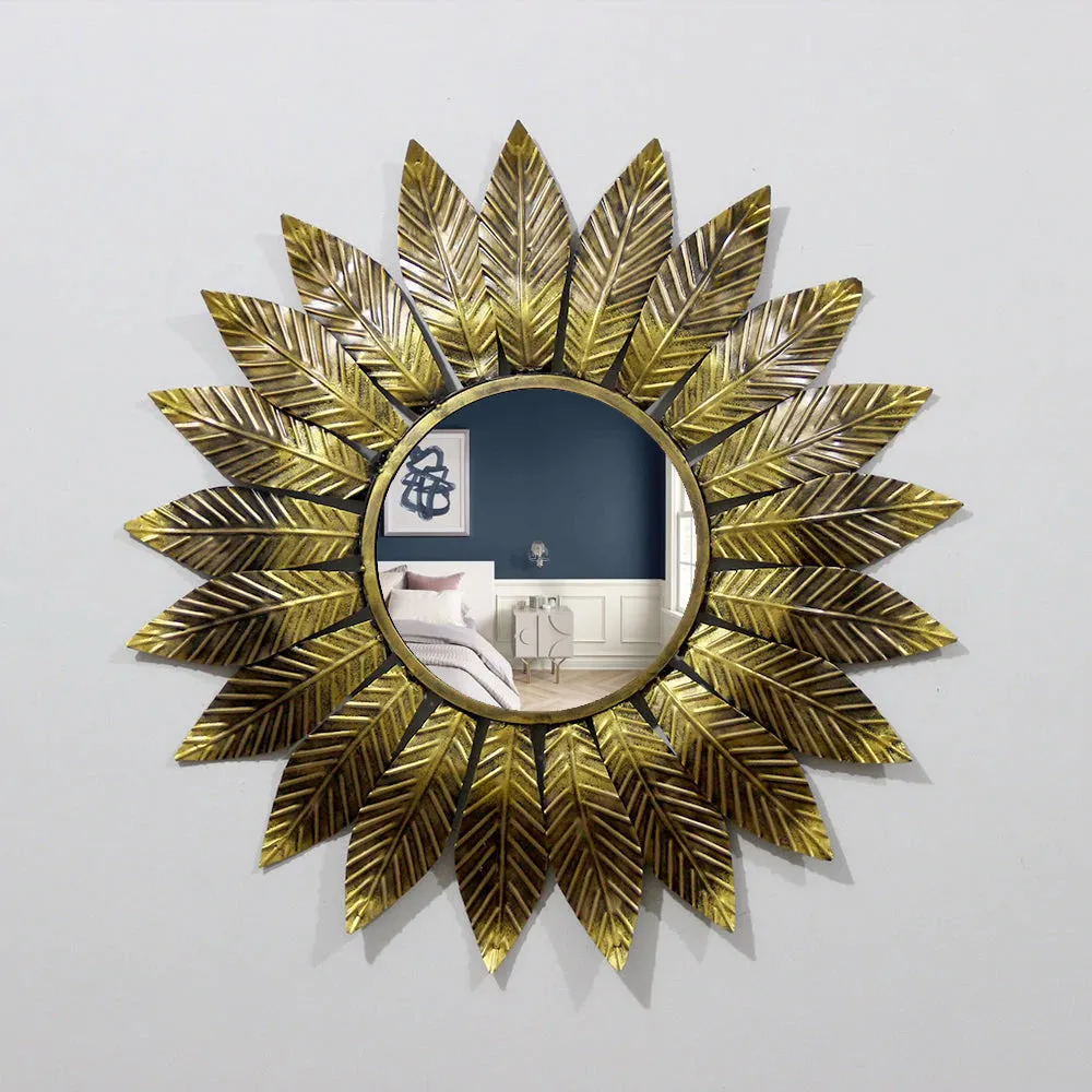 Slender Leaf Golden Round Mirror Wall Decor