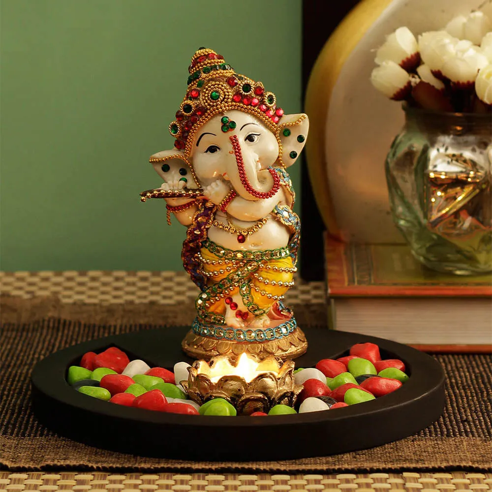 Small Decorative Ganesh Idol Playing Flute Showpiece