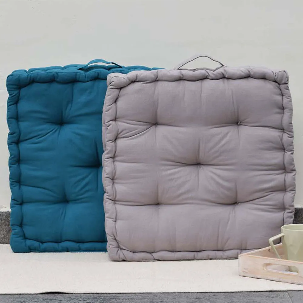 Small Enchanting Box Squared Peacock Blue and Light Grey Plush Cotton Matlas Floor Cushion With Handle Set Of 2
