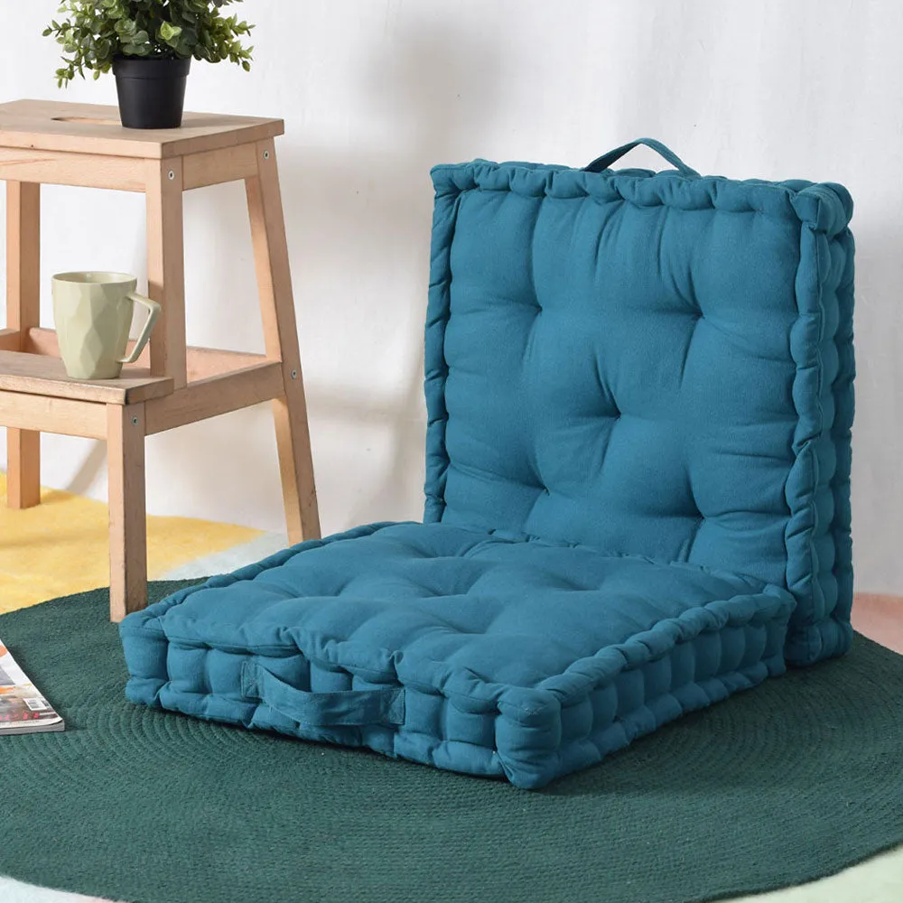 Small Peacock Blue Plush Cotton Matlas Floor Sitting Cushion Set Of 2