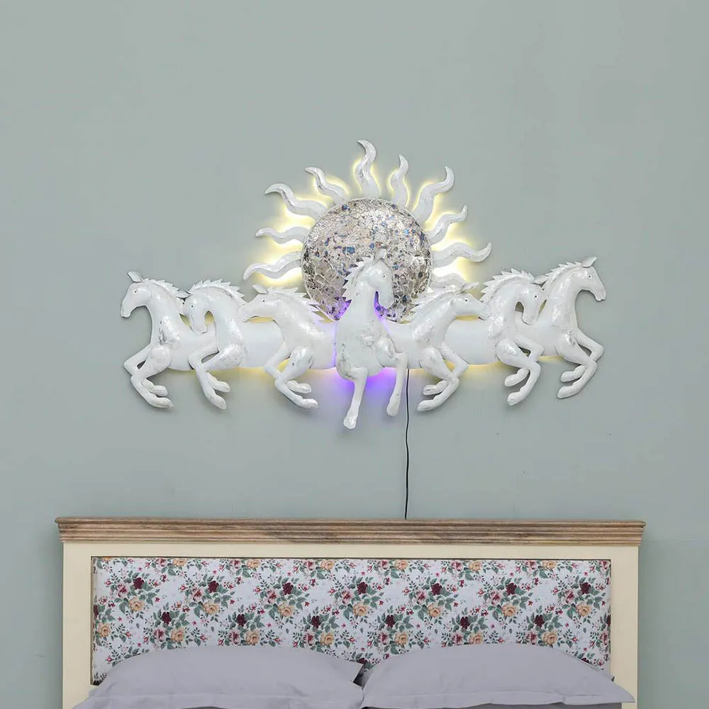 Small Seven Dreamy White Horses Backlit Metal Wall Art