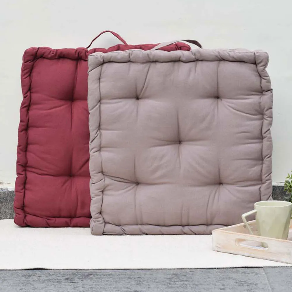 Small Stylish Box Squared Maroon and Grey Plush Cotton Matlas Cushion With Handle Set Of 2