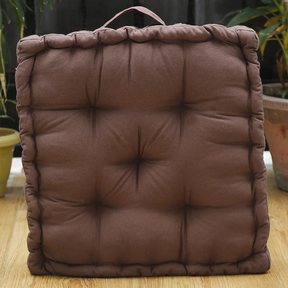 Small Teakwood Brown Plush Cotton Floor Cushion Matlas With Handle