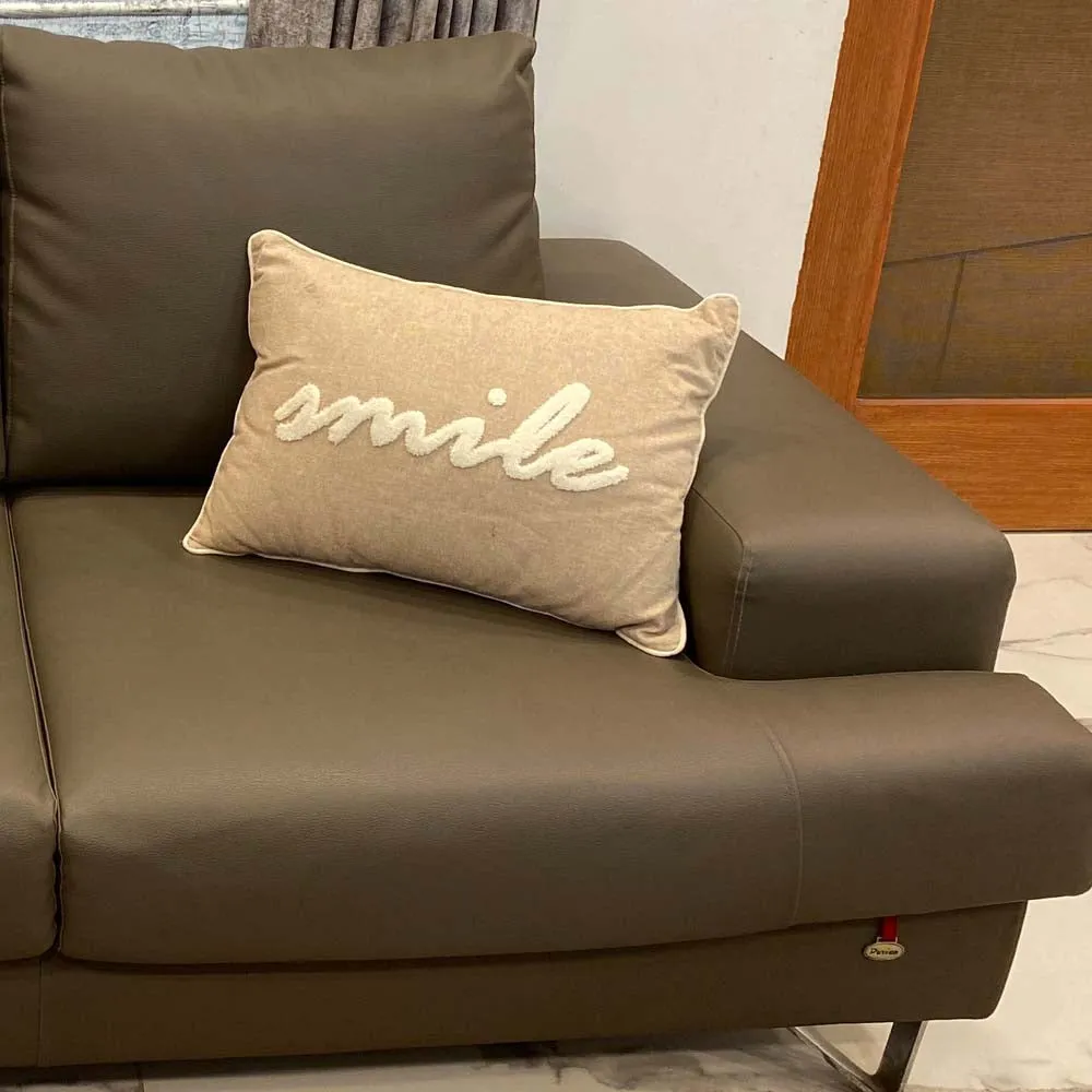 Smile Printed Beige Velvet Cushion Cover