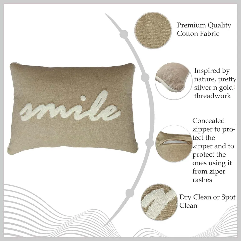 Smile Printed Beige Velvet Cushion Cover