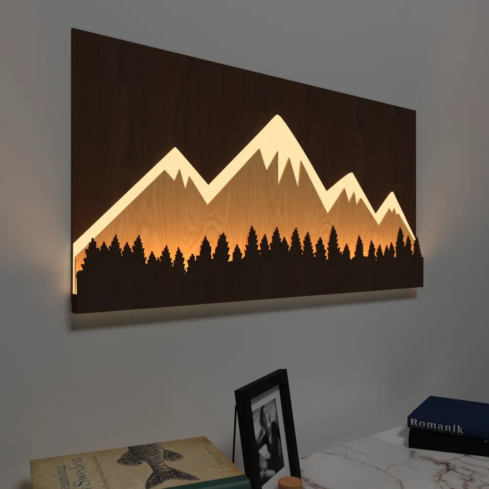 Snow-capped Mountain Backlit Acrylic Wall Art / Night Light, Walnut or Oak Finish