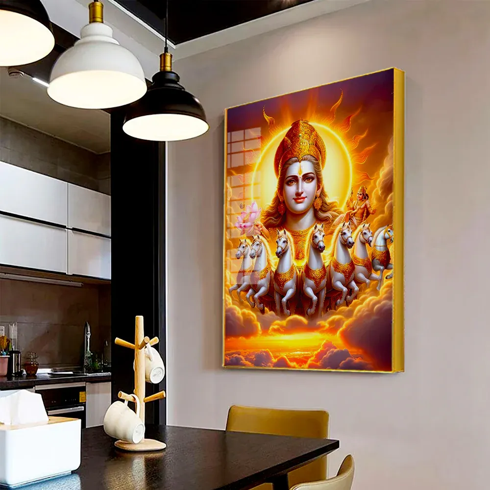 Solar Majesty Surya Dev With Horses Acrylic Wall Painting Regular