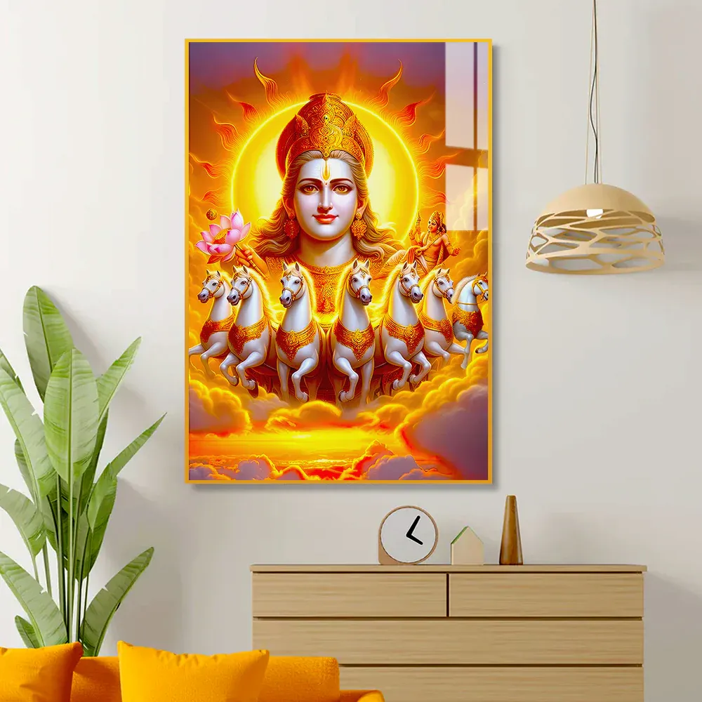 Solar Majesty Surya Dev With Horses Acrylic Wall Painting Regular