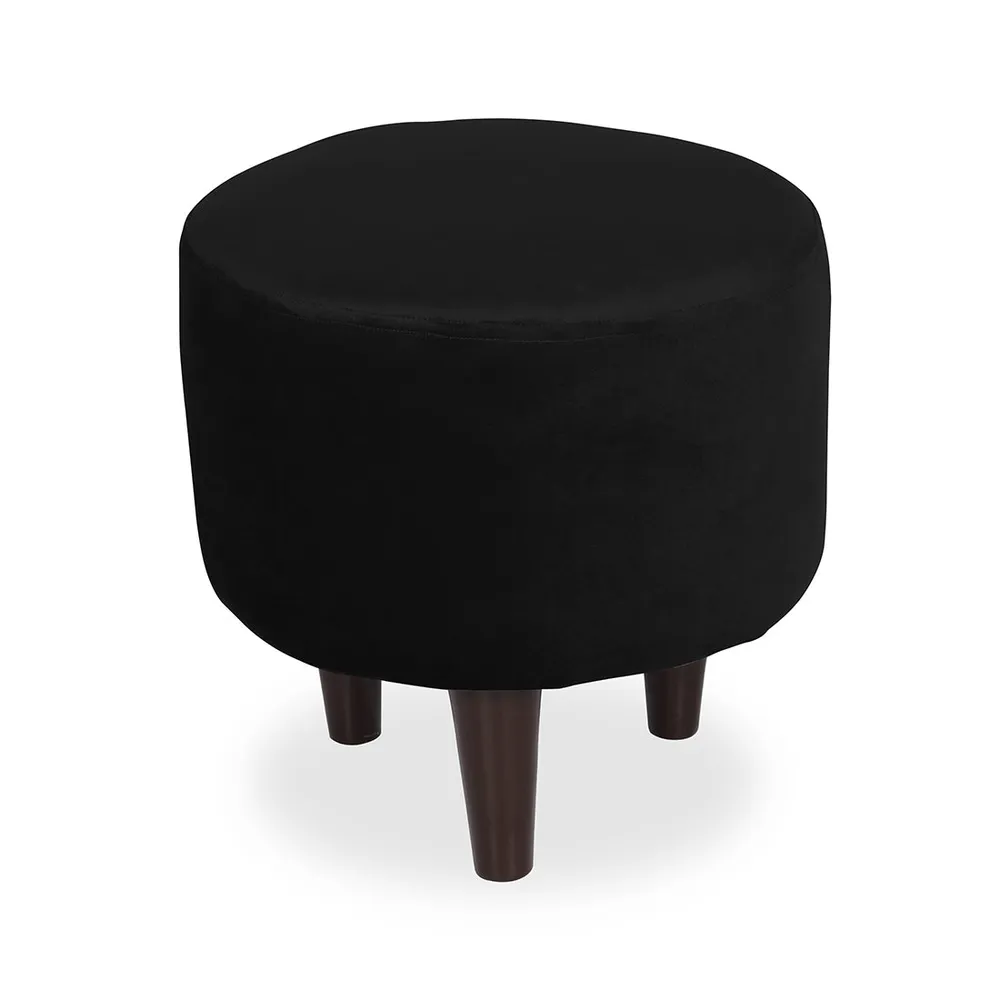 Solid Black Round Ottoman/Pouffe With Wooden Legs