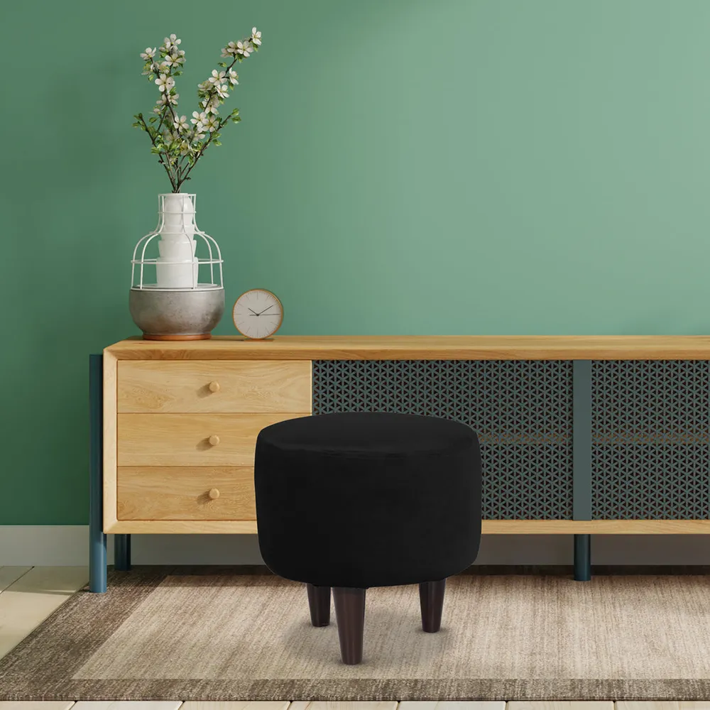 Solid Black Round Ottoman/Pouffe With Wooden Legs