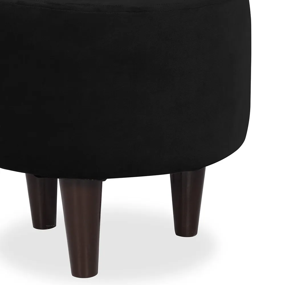Solid Black Round Ottoman/Pouffe With Wooden Legs