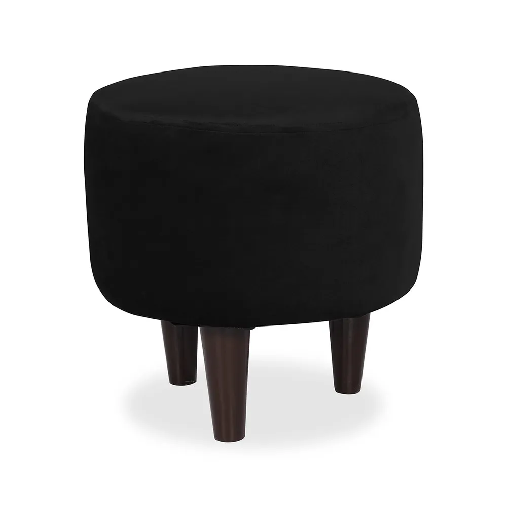 Solid Black Round Ottoman/Pouffe With Wooden Legs