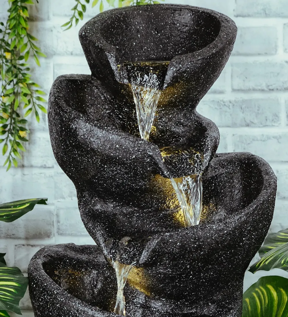 Solid Black Stacked Pots Fiberglass Indoor Water Fountain
