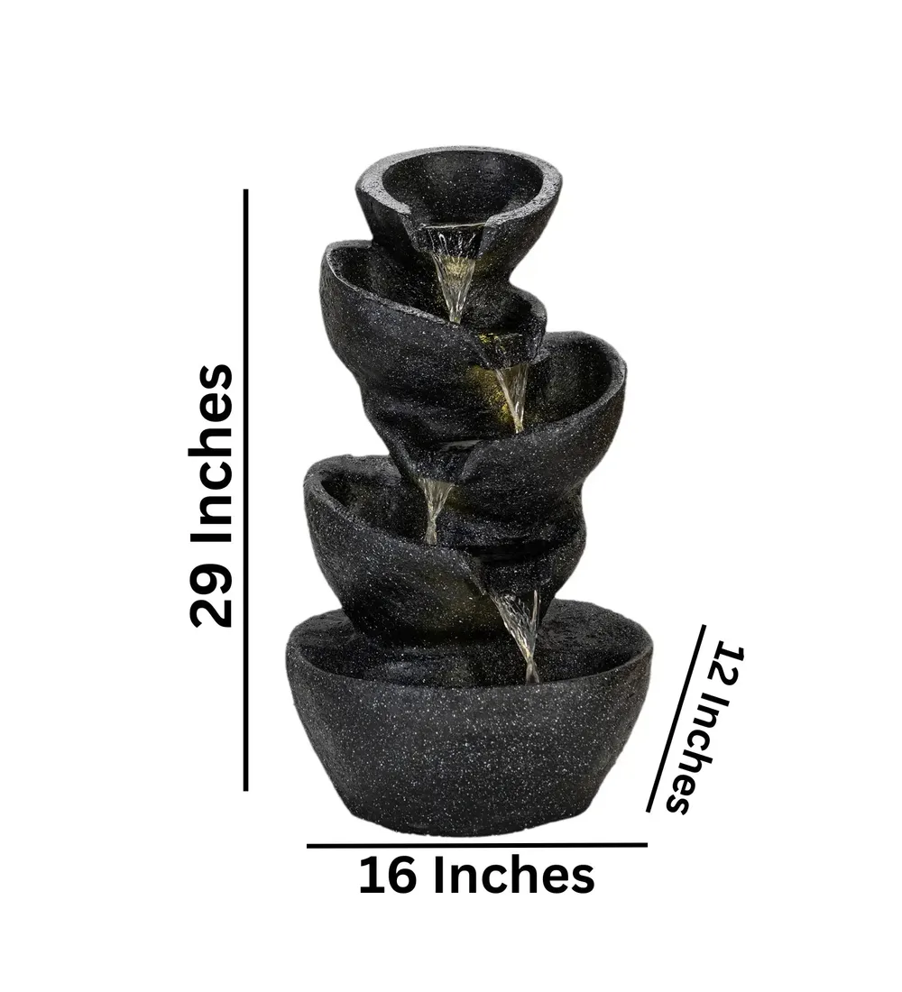 Solid Black Stacked Pots Fiberglass Indoor Water Fountain