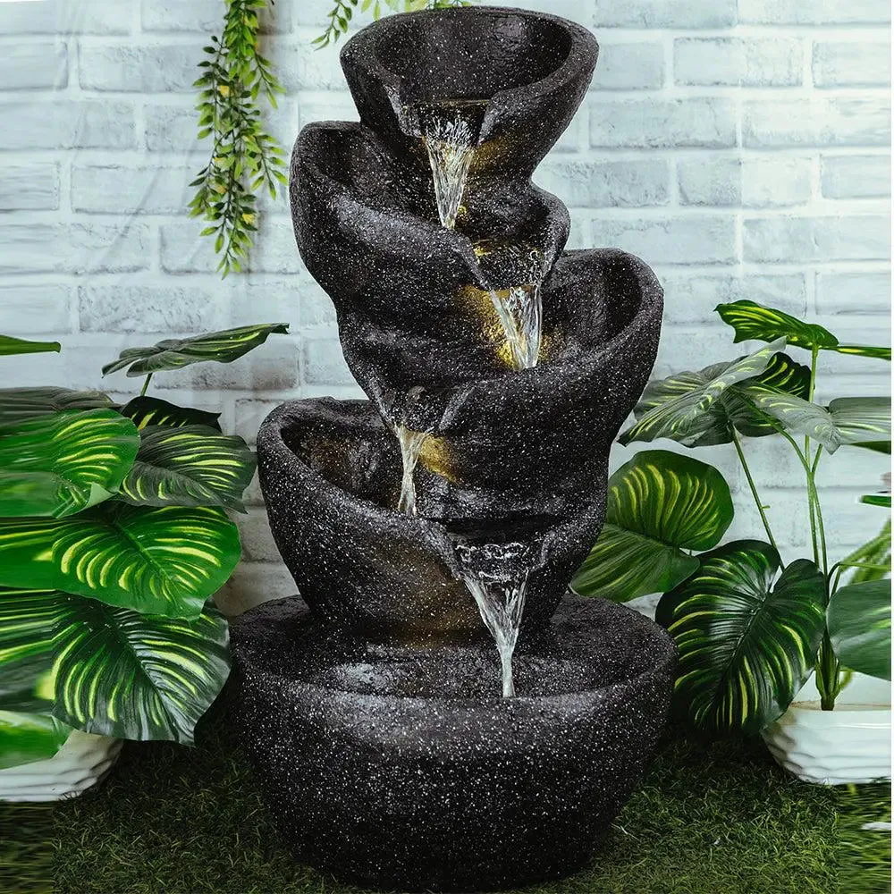 Solid Black Stacked Pots Fiberglass Indoor Water Fountain