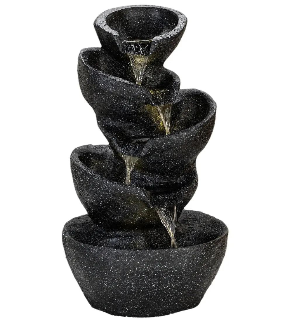 Solid Black Stacked Pots Fiberglass Indoor Water Fountain