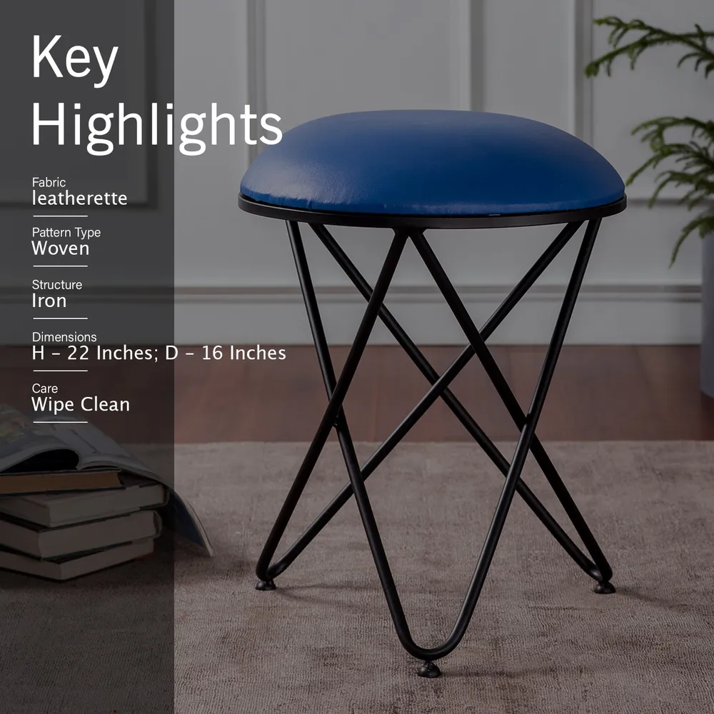 Solid Blue Premium Handmade Leatherette Metal Ottoman Stool