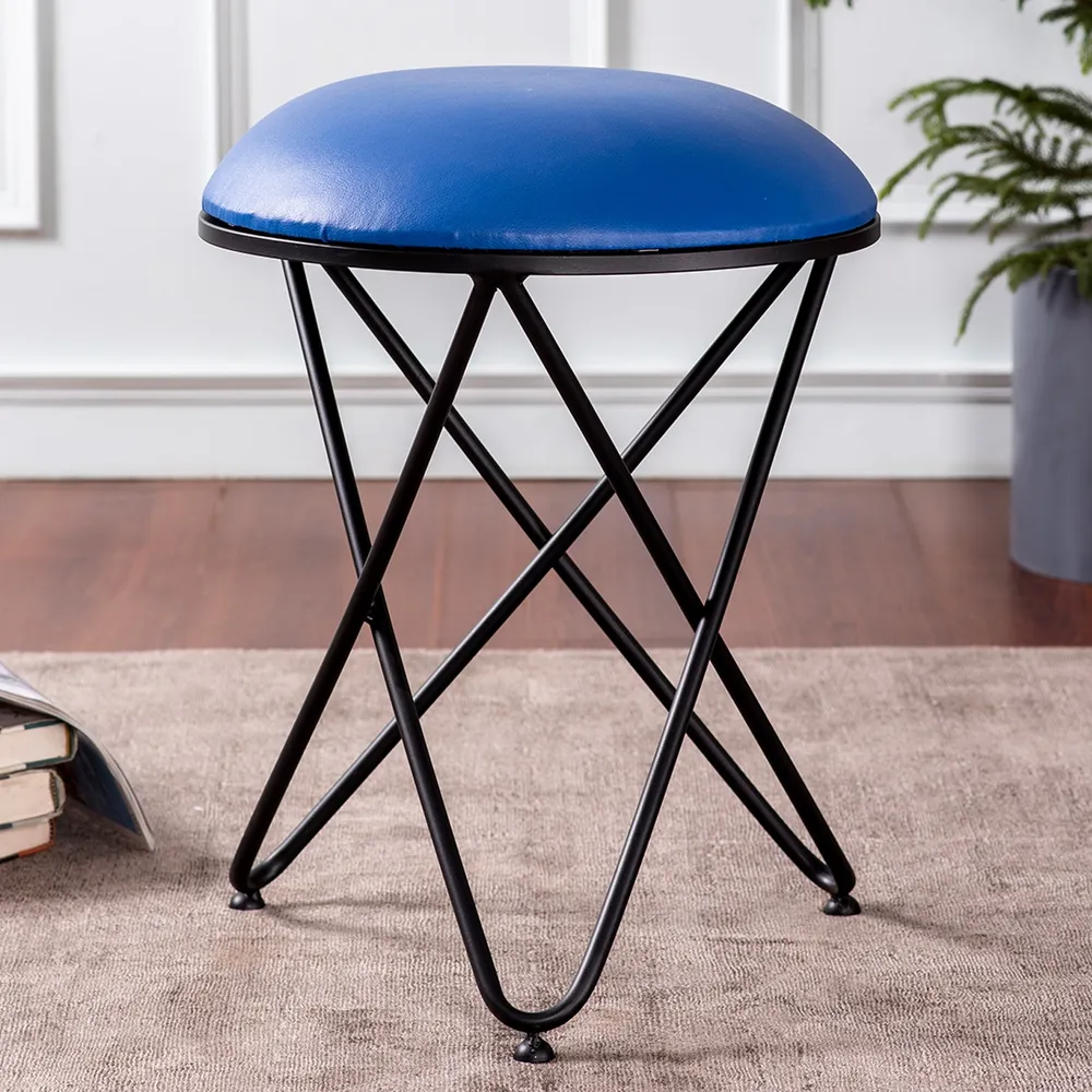 Solid Blue Premium Handmade Leatherette Metal Ottoman Stool