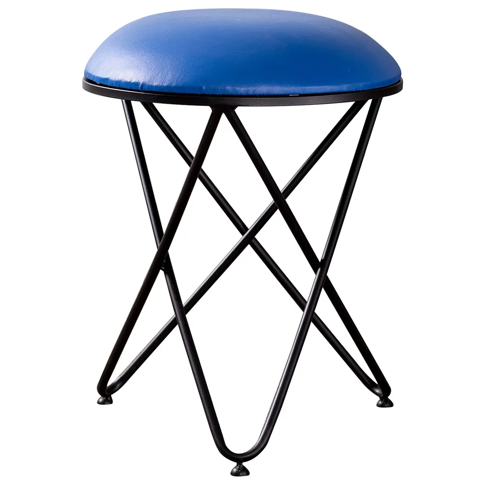 Solid Blue Premium Handmade Leatherette Metal Ottoman Stool
