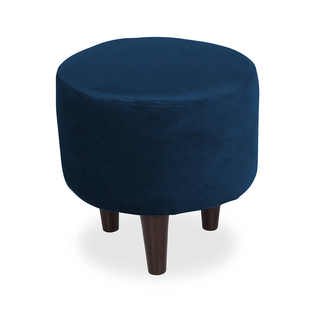 Solid Blue Round Ottoman/Pouffe With Wooden Legs