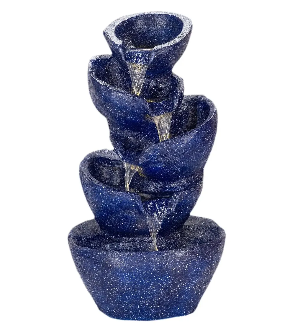 Solid Blue Stacked Pots Fiberglass Indoor Water Fountain