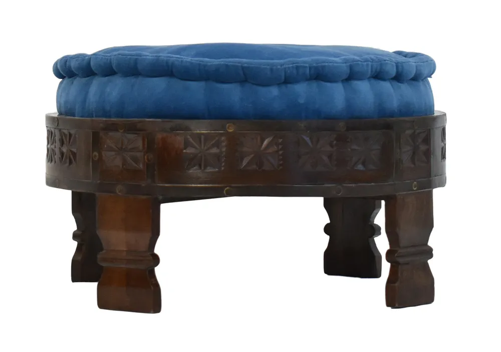 Solid Blue Upholstered Carved Wooden Ottoman Single Piece