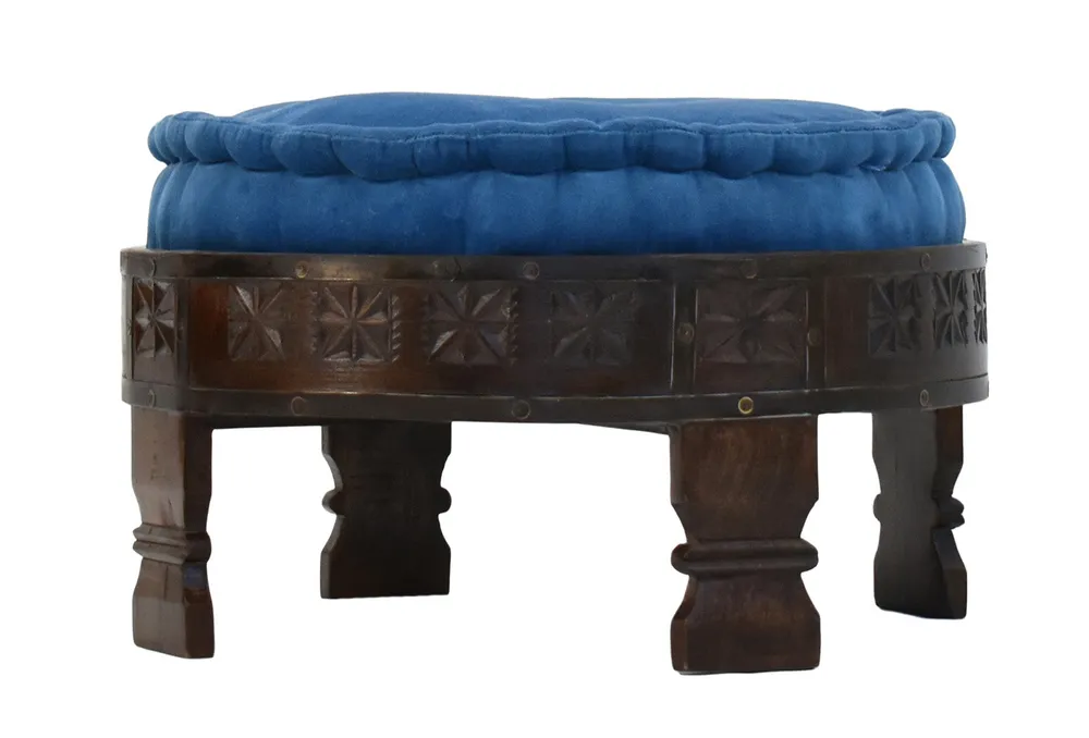 Solid Blue Upholstered Carved Wooden Ottoman Single Piece