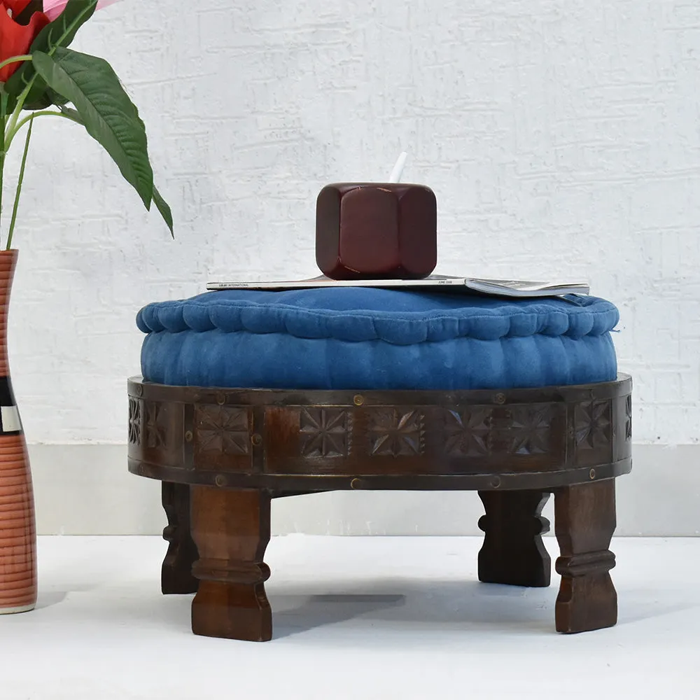 Solid Blue Upholstered Carved Wooden Ottoman Single Piece