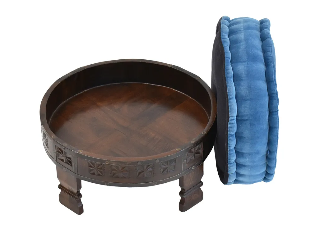 Solid Blue Upholstered Carved Wooden Ottoman Single Piece