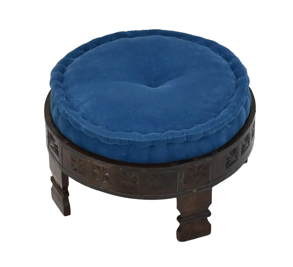 Solid Blue Upholstered Carved Wooden Ottoman Single Piece