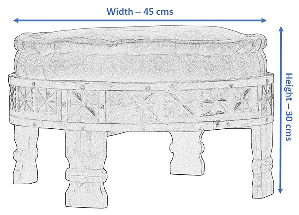 Solid Blue Upholstered Carved Wooden Ottoman Single Piece