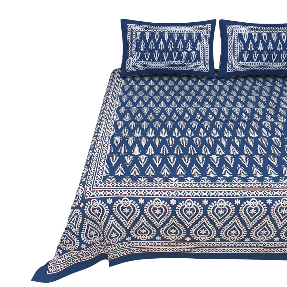 Solid Blue & White 144 TC Cotton Double Bedsheet with Pillow Covers