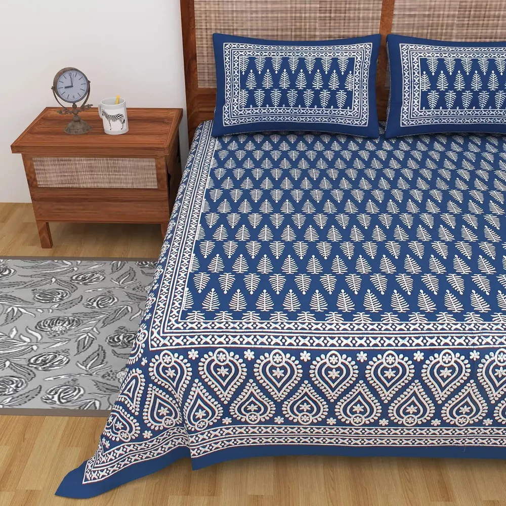 Solid Blue & White 144 TC Cotton Double Bedsheet with Pillow Covers