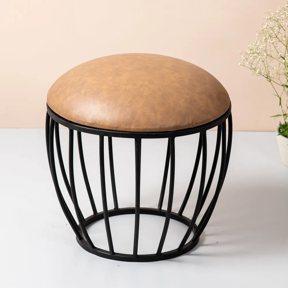 Solid Brown Premium Handmade Leatherette Metal Ottoman Stool