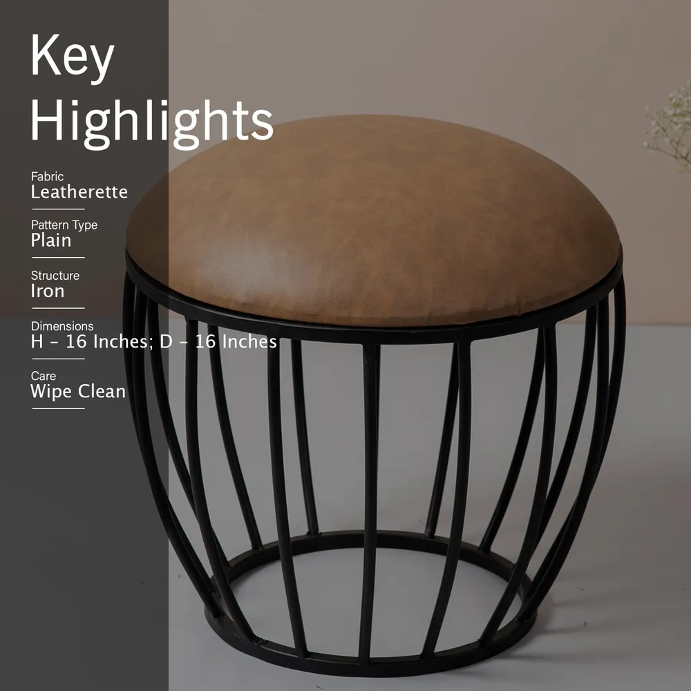 Solid Brown Premium Handmade Leatherette Metal Ottoman Stool