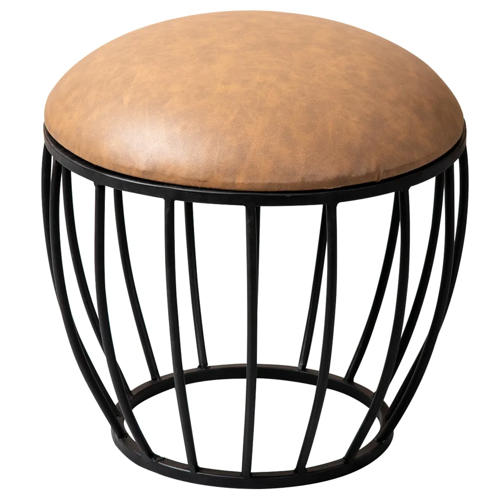 Solid Brown Premium Handmade Leatherette Metal Ottoman Stool