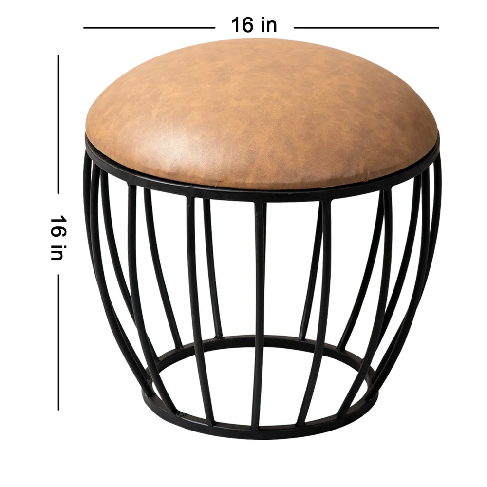 Solid Brown Premium Handmade Leatherette Metal Ottoman Stool